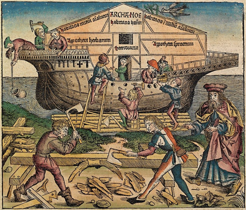 Budowa Arki Noego - na pierwszym planie drewno rozbijane siekierami, na drugim, trwa budowa Arki
