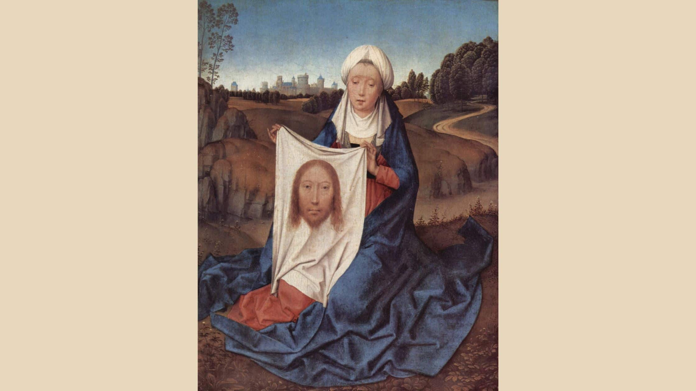 święta Weronika na obrazie Hansa Memlinga trzyma w rękach chustę z odbitą twarzą Jezusa