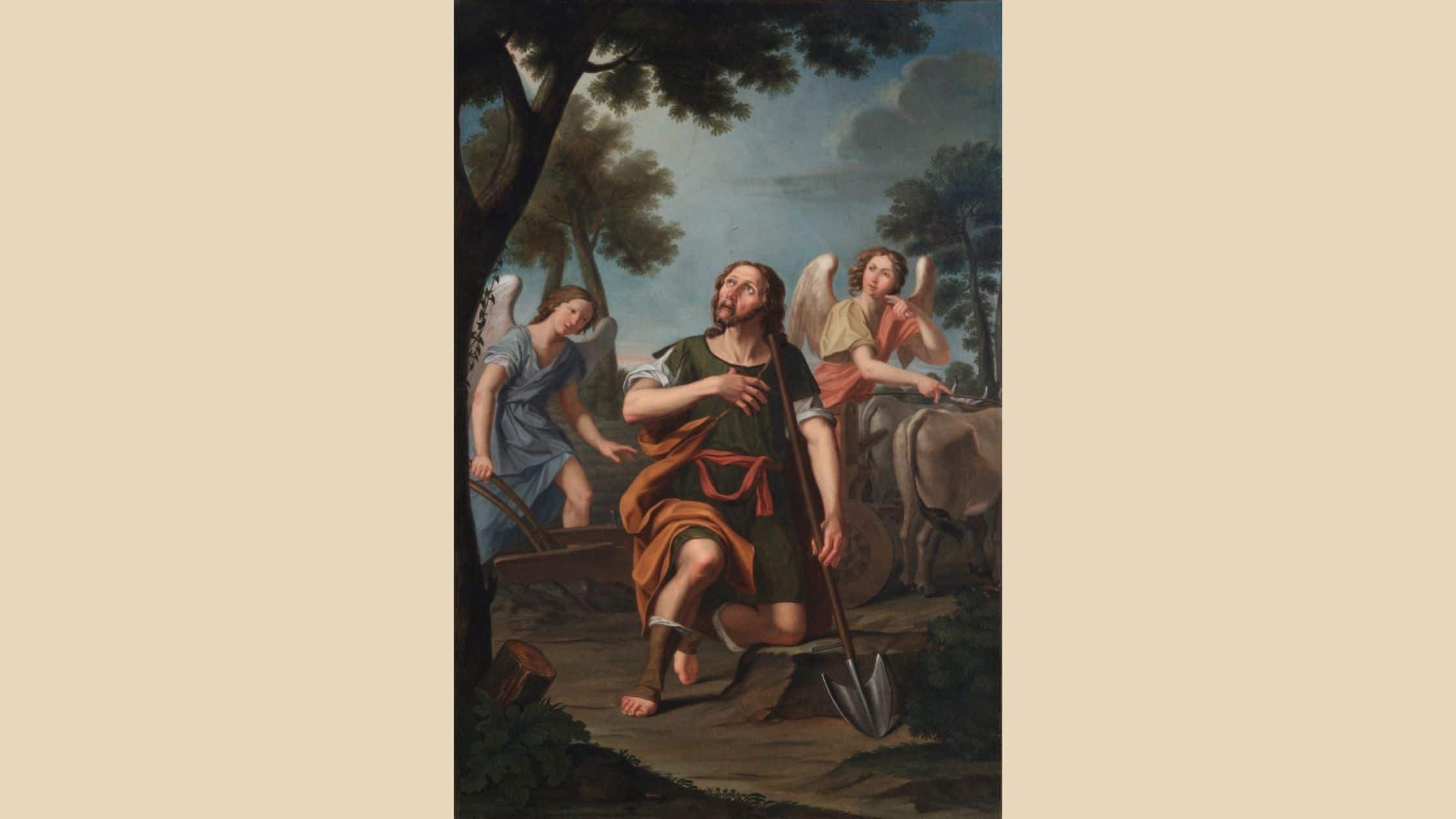 Święty Izydor Oracz na obrazie Anny Mignani przedstawiony z łopatą