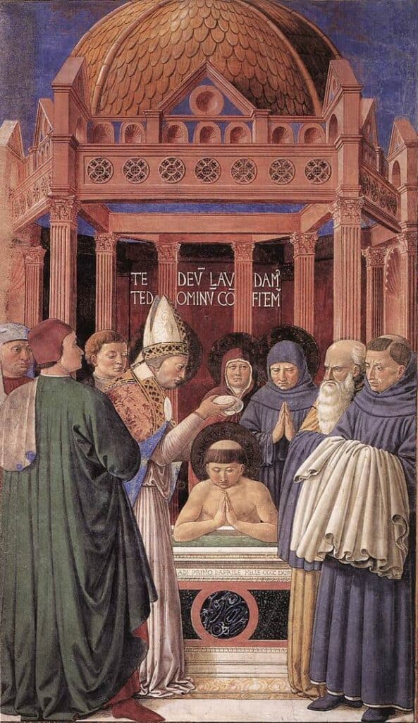 Obraz przedstawiający chrzest św. Ambrożego, Benozzo Gozzoli (1464-1465)