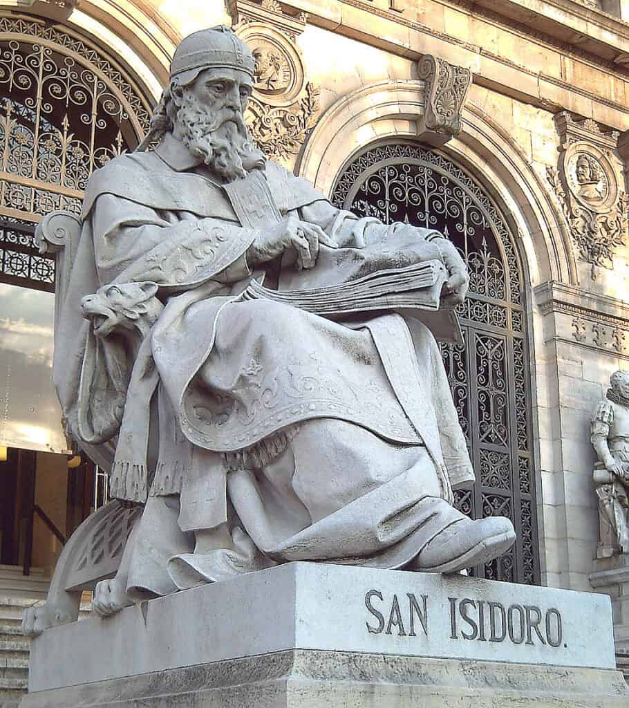 Pomnik świętego Izydora z Sewilli autorstwa Jose Alcoverro z 1892 roku znajdujący się przed biblioteką narodową w Madrycie